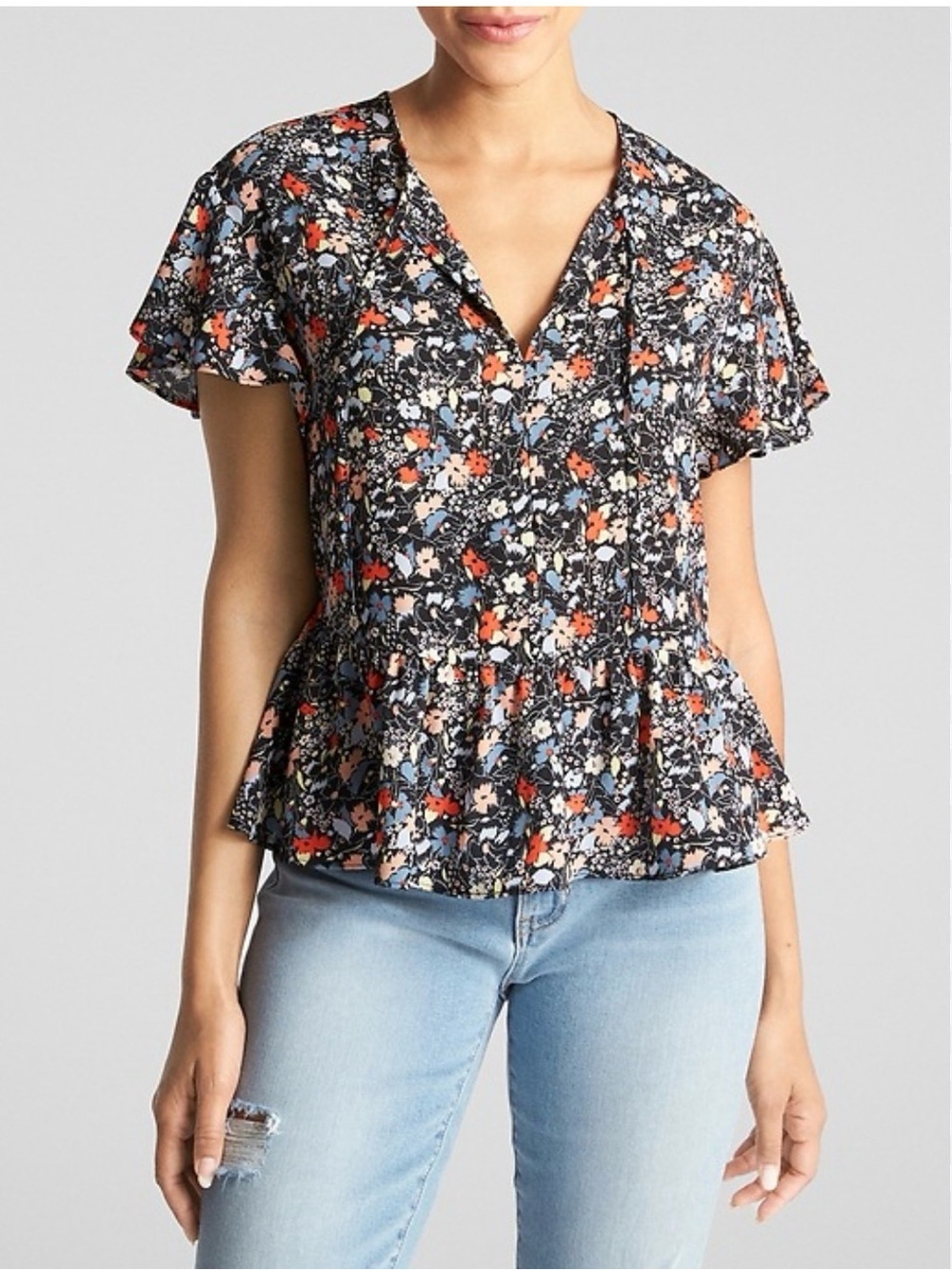 GAP Flowy Black Floral Ruffle Short Sleeve Blouse Top Orange and Cream Peplum